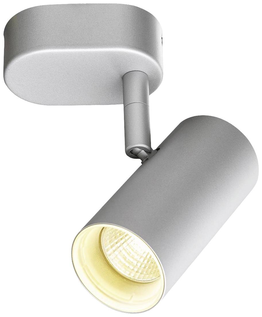 Silberne Deckenleuchte mit zylindrischem Strahler, der nach unten leuchtet. Geeignet für punktuelle Beleuchtung.