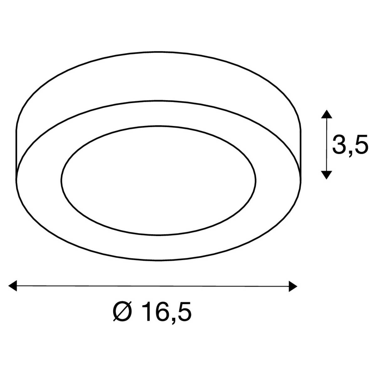 Runde Scheibe mit einem Durchmesser von 16,5 cm und einer Dicke von 3,5 cm, technisch gezeichnet.