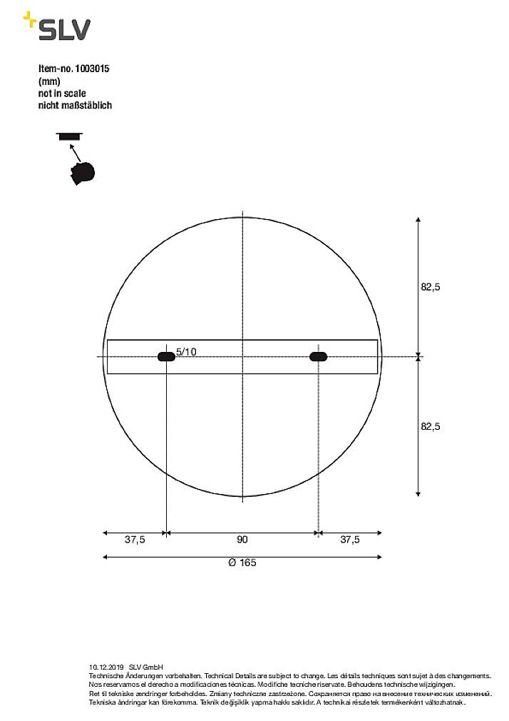 'Technische Zeichnung eines runden Objekts' mit Maßen in Millimetern: Durchmesser 165, Höhe 82,5, zwei Bohrungen bei 5/10.