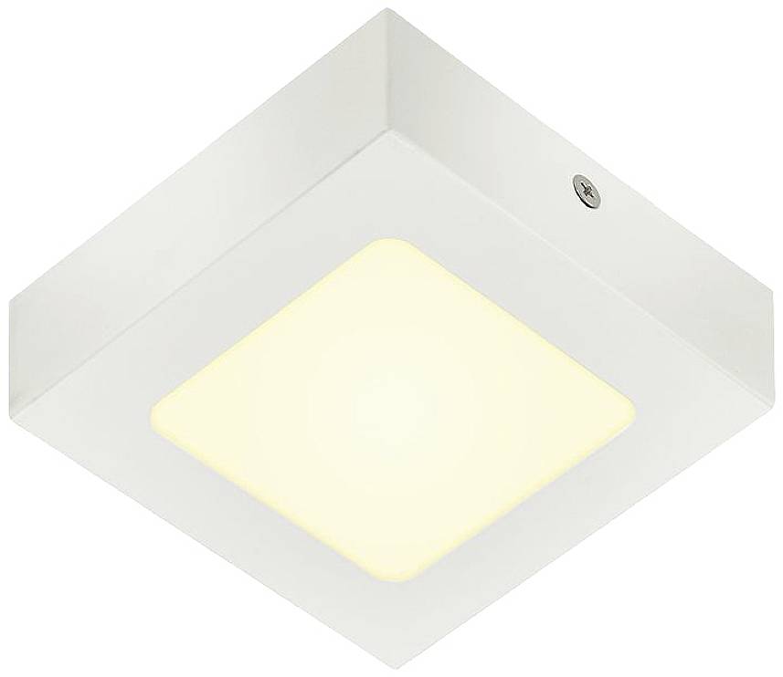 Weiße, quadratische LED-Deckenleuchte mit einem warmweißen Lichtschein, geeignet für moderne Innenräume.