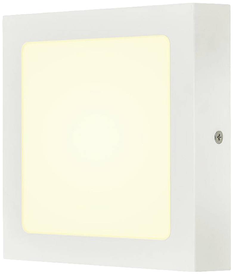 Weiße, quadratische Wandlampe mit weichem gelbem Lichtschein. An einer Wand befestigt, geeignet für Innenräume.