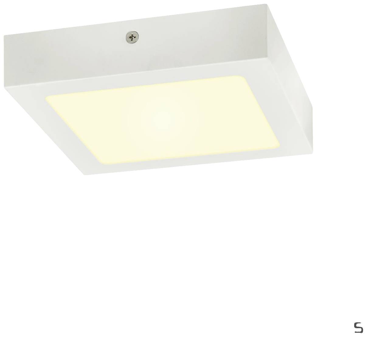 Rechteckige Deckenleuchte mit weißem Gehäuse und warmweißer LED-Beleuchtung, die nach unten strahlt. Geeignet für Innenräume.