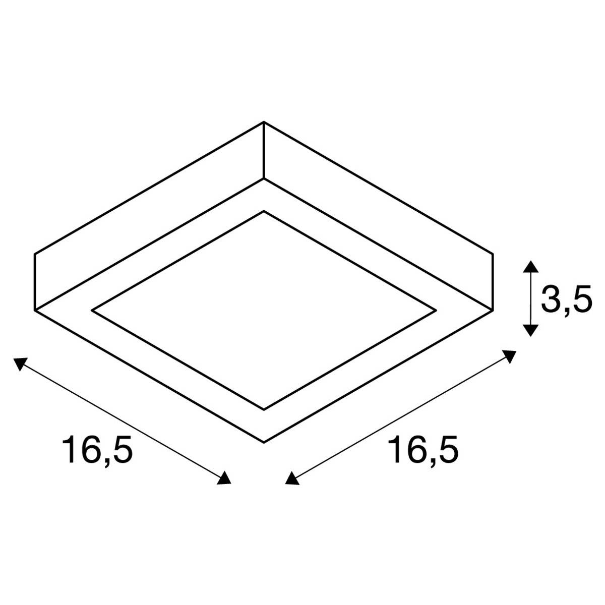 Diagramm eines quadratischen Objekts mit Kantenlänge 16,5 und Höhe 3,5.