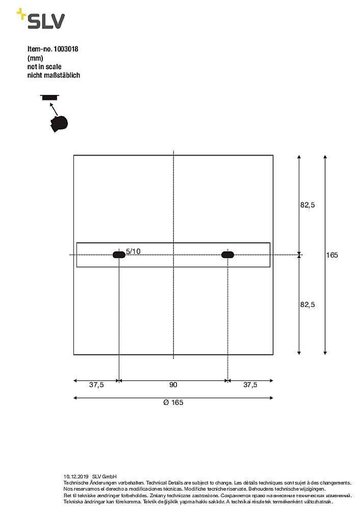 'SLV' Technische Zeichnung einer Leuchte mit Maßen: Höhe 82,5 mm, Breite 82,5 mm, Abstand der Halterungen 90-95 mm. Nicht maßstabsgetreu.