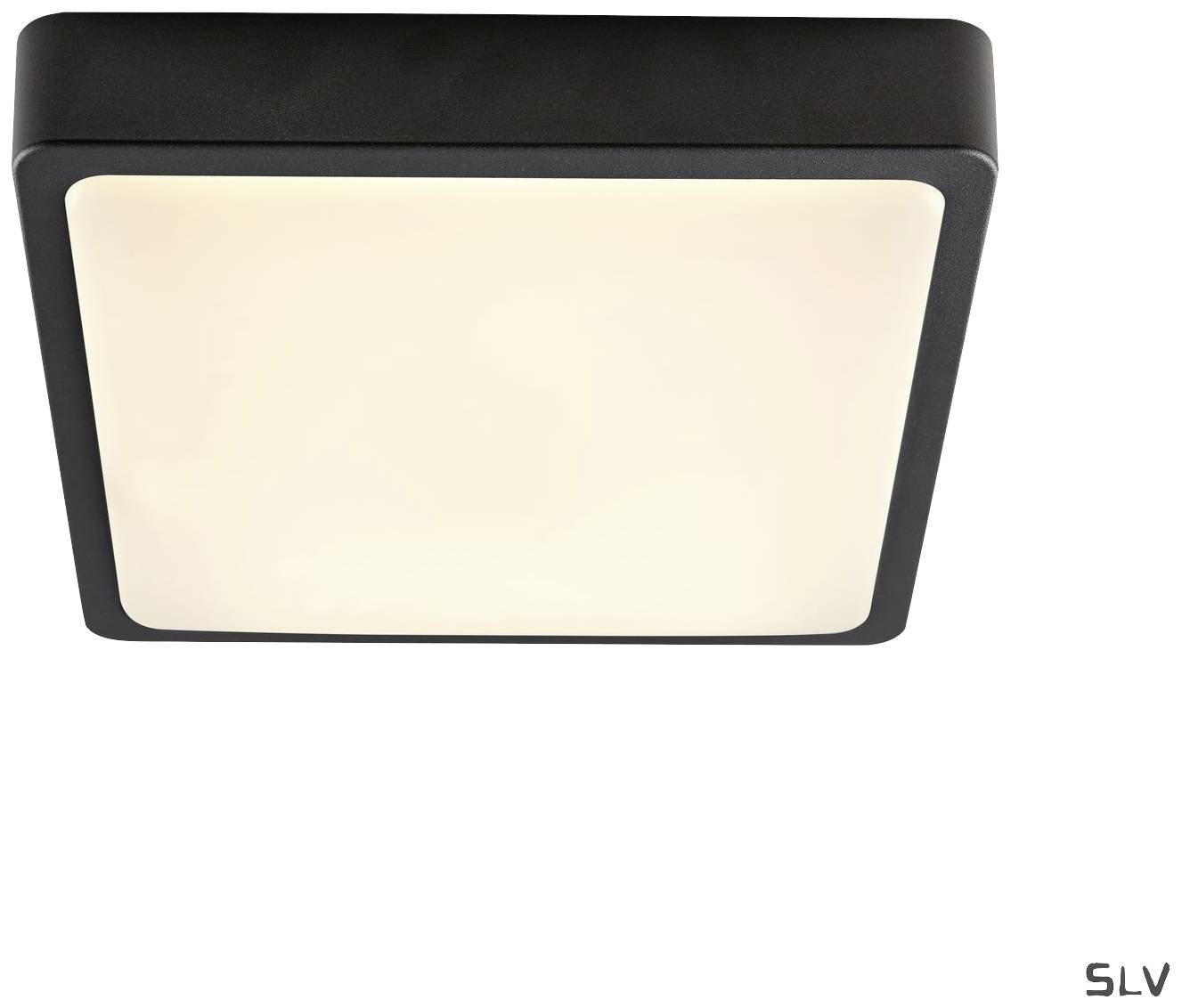 Schwarze quadratische Deckenleuchte mit schlichtem, modernem Design und sanftem, diffusem Licht. Ideal für Innenbereiche.