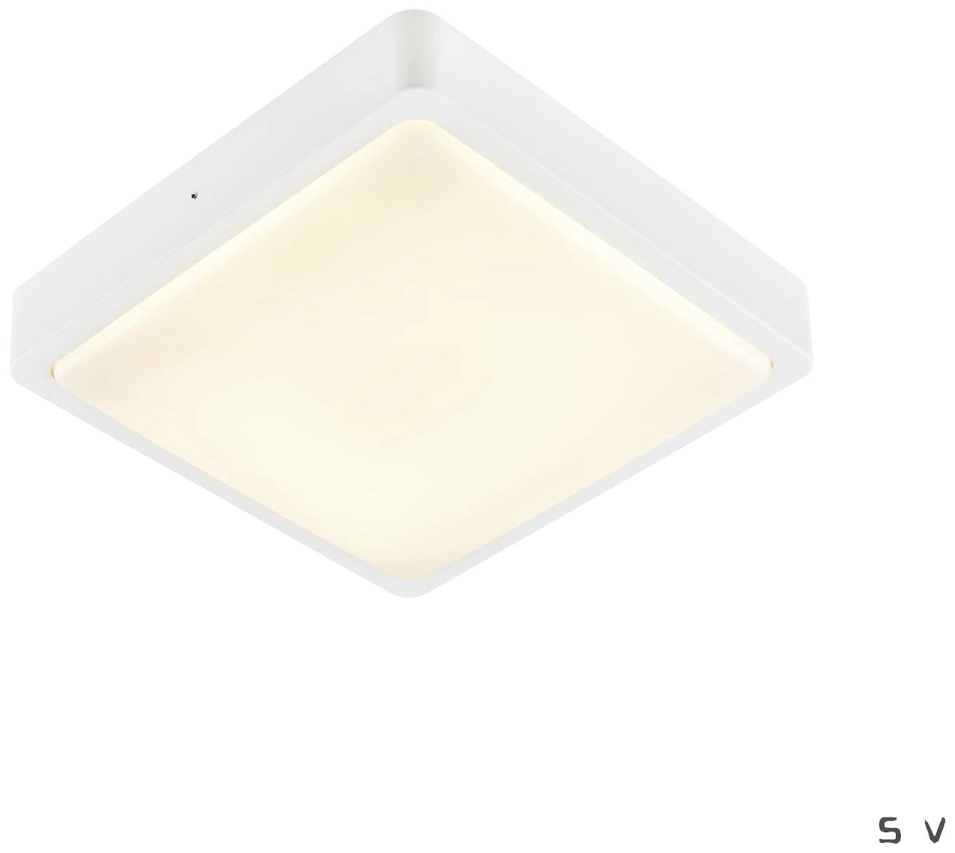 Quadratische, weiße Deckenleuchte mit warmweißem Leuchten. Geeignet für Innenbeleuchtung.