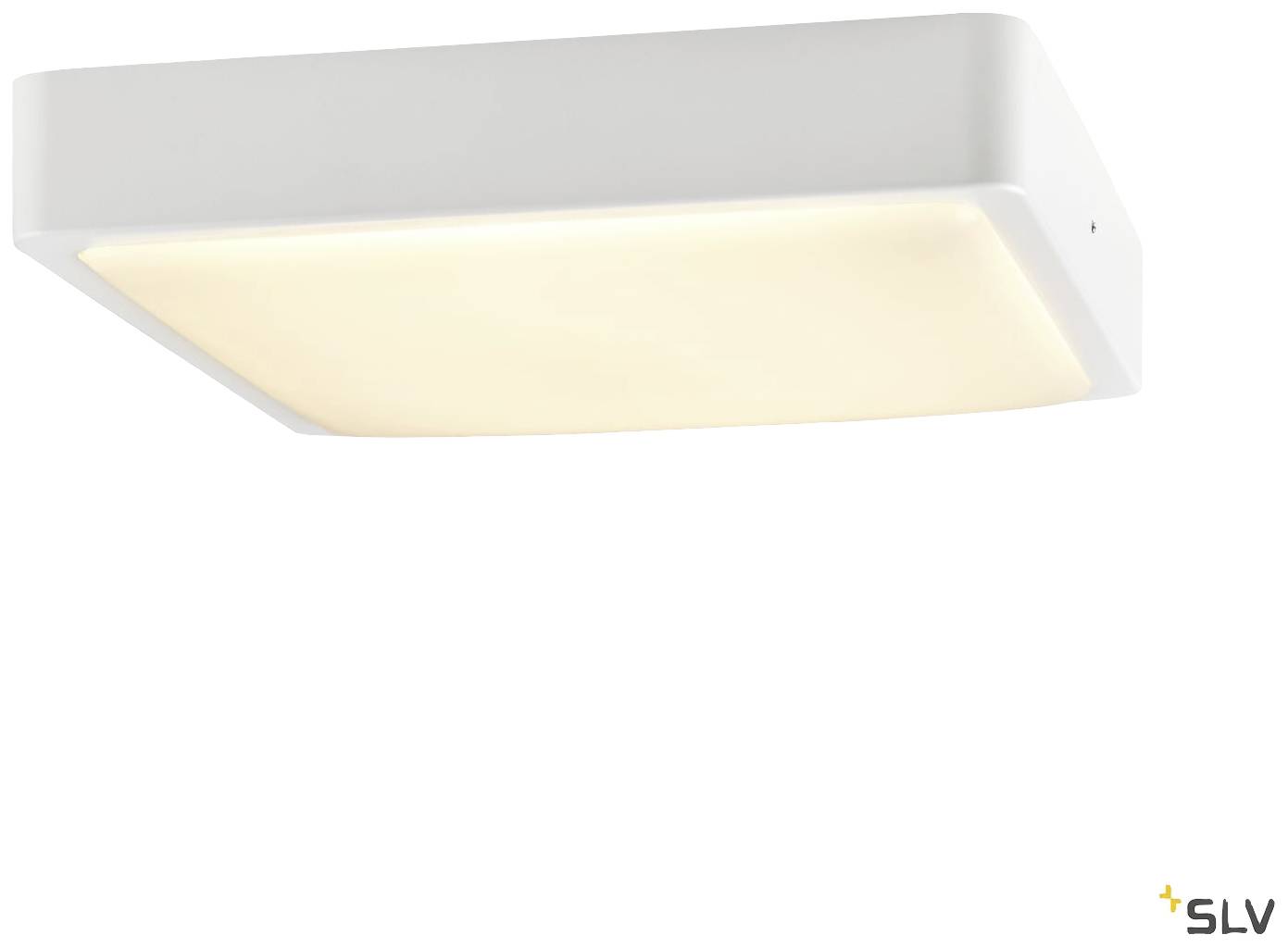 Weiße quadratische Deckenleuchte mit sanfter Beleuchtung, minimalistischem Design und dezentem Markenlogo unten rechts.