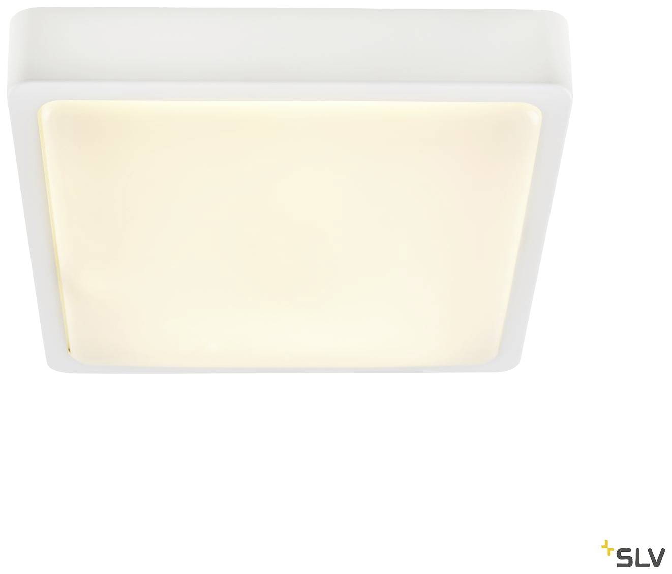 Quadratische, weiße LED-Deckenleuchte mit sanftem, warmweißem Licht für moderne Innenräume.