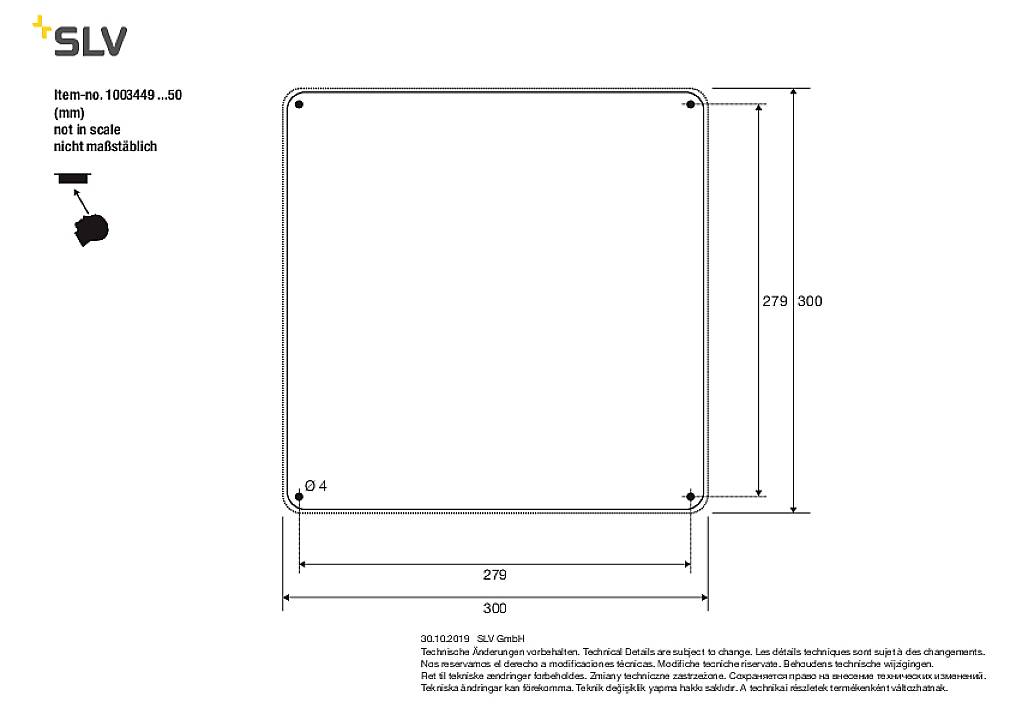 Technische Zeichnung eines quadratischen Panels mit Abmessungen: 300 mm x 300 mm. Hinweis: nicht maßstabsgetreu.