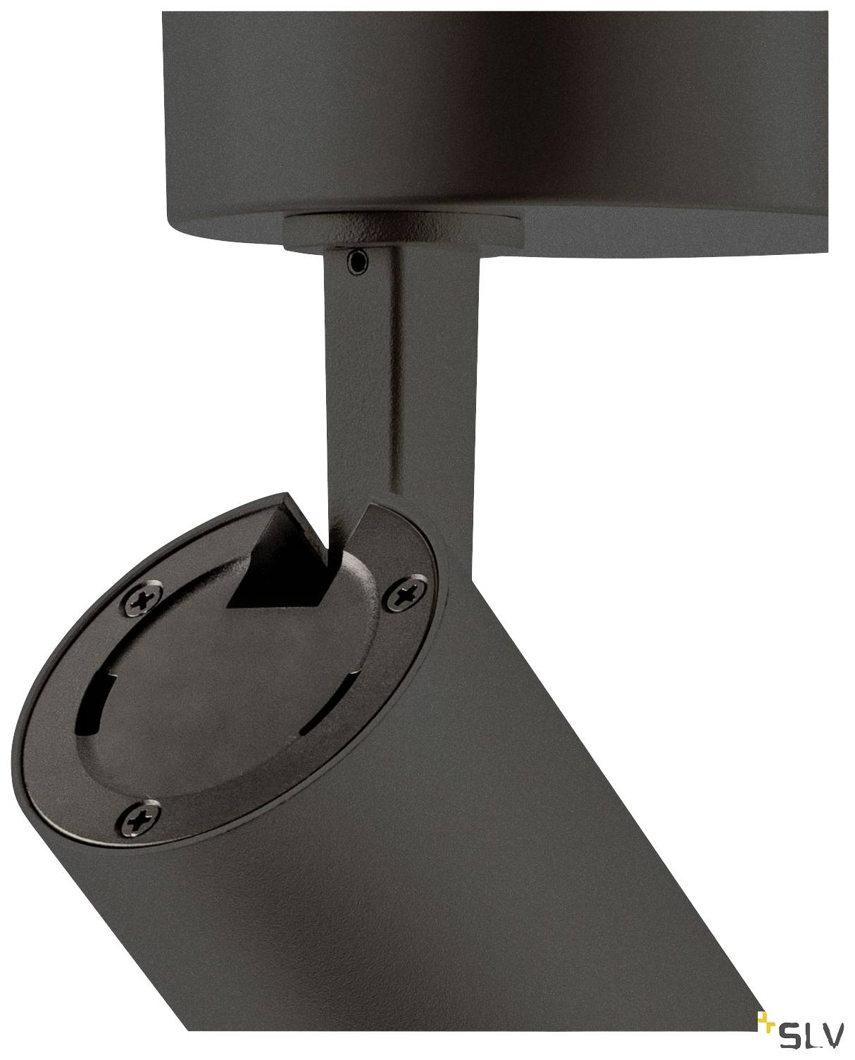 Detaillierte Nahaufnahme eines schwarzen, minimalistischen Deckenleuchtenhalters mit rundem Sockel und schlankem Design.