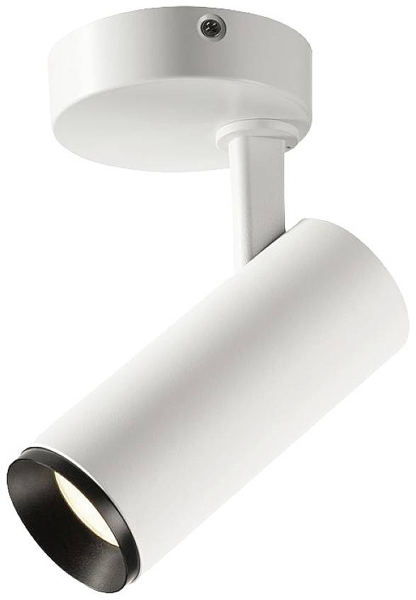 Weiße zylindrische Deckenleuchte mit verstellbarem Kopf, nach unten gerichtetes Licht, geeignet für gezielte Beleuchtung.