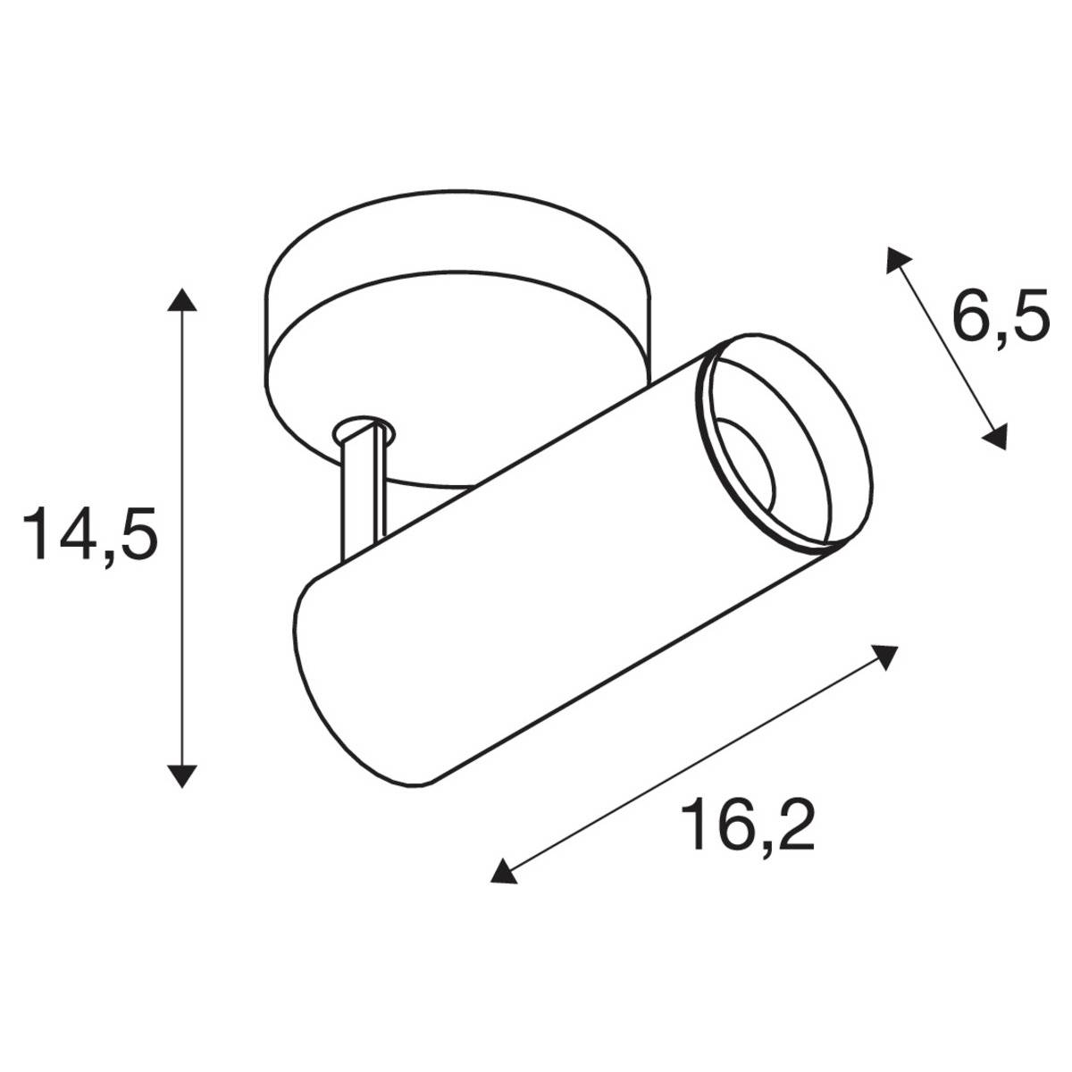 Strahlerleuchte mit zylindrischem Design, Deckenmontage. Maße: Höhe 14,5 cm, Breite 6,5 cm, Länge 16,2 cm.