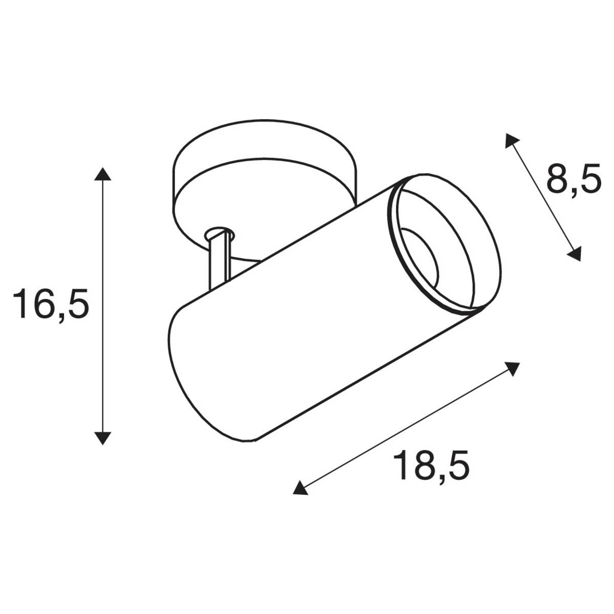 Technische Zeichnung einer zylindrischen Deckenleuchte mit den Maßen: Höhe 16,5 cm, Breite 18,5 cm, Tiefe 8,5 cm.