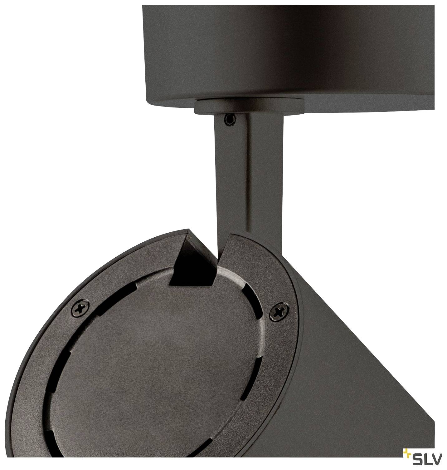 Lampenkopf einer Deckenleuchte in modernem Design, schwenkbar und in dunkler Metalloptik.