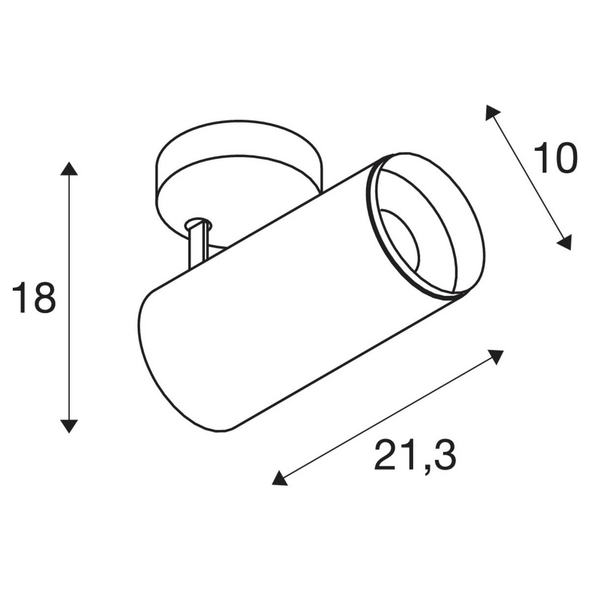 Technische Zeichnung einer zylindrischen Deckenleuchte mit zwei Maßangaben: Länge 21,3 cm, Höhe 18 cm; Abstand zur Decke 10 cm.