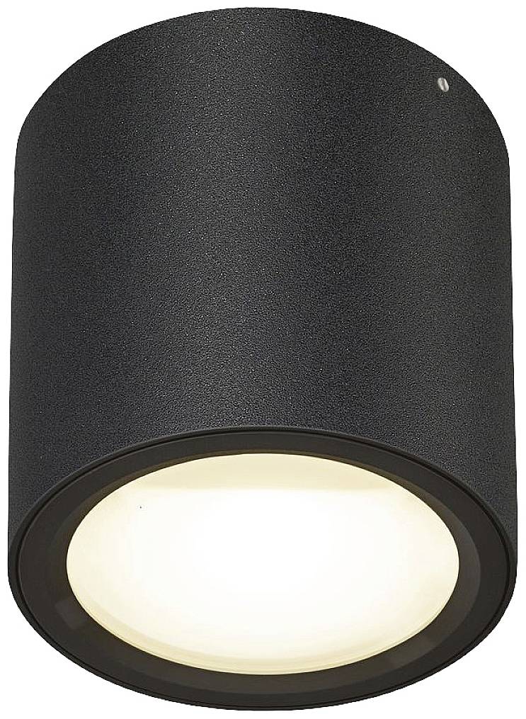 Schwarze zylindrische Deckenleuchte mit geriffelter Oberfläche und weißem, leuchtendem Diffusor in der Mitte.