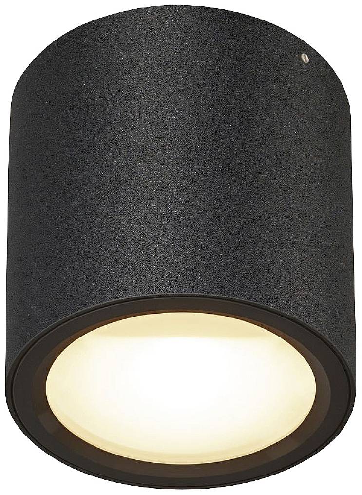 Schwarze zylinderförmige Deckenleuchte mit warmweißem Licht.