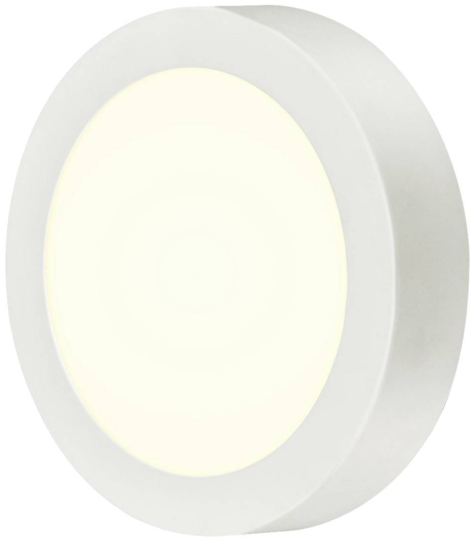 Runde, weiße LED-Deckenleuchte mit sanftem, warmweißem Licht, geeignet für Wohn- oder Büroräume.