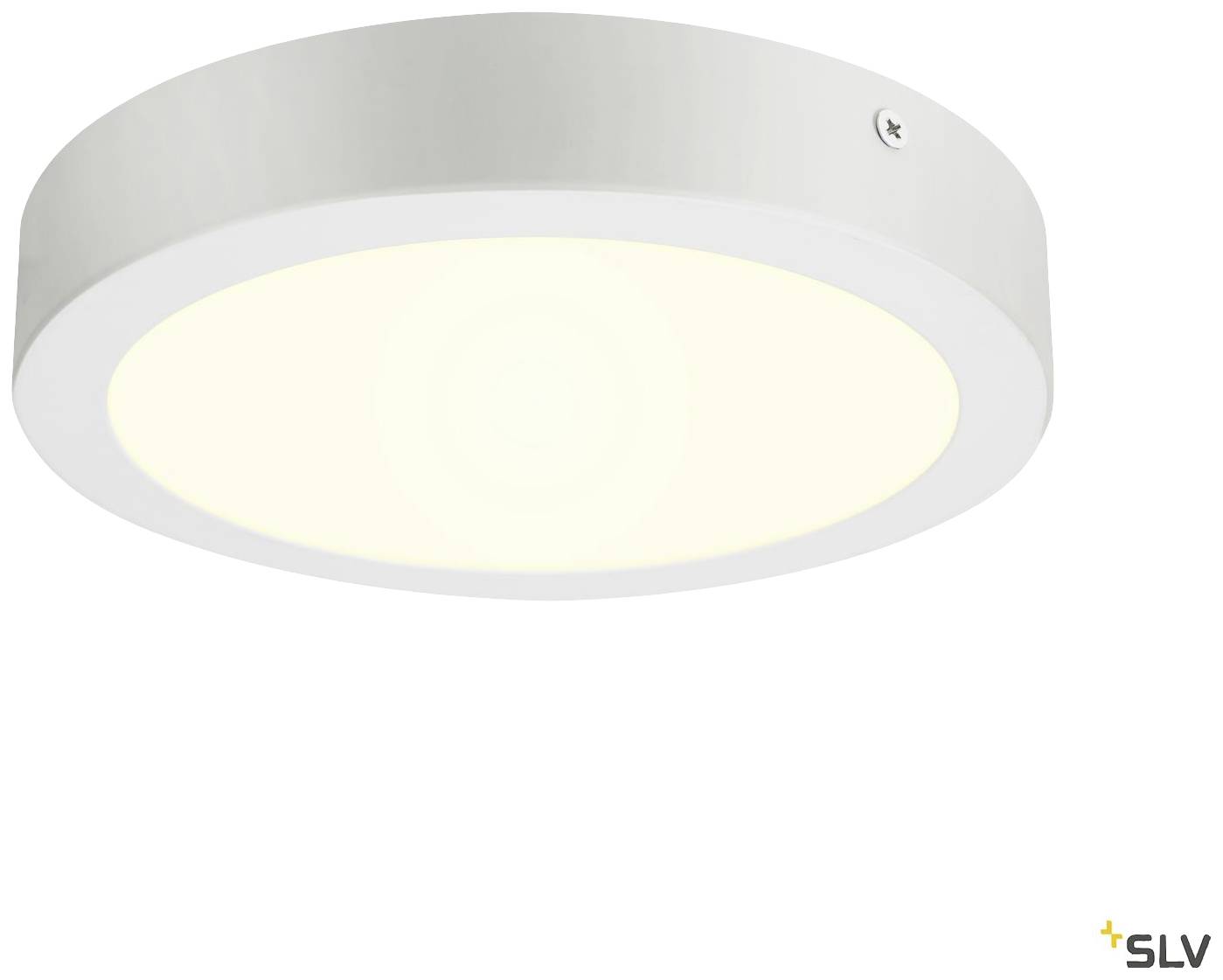 Kreisförmige Deckenleuchte in Weiß mit schlichter, moderner Optik. Sie spendet warmweißes Licht und hat einen kleinen Schraubverschluss.