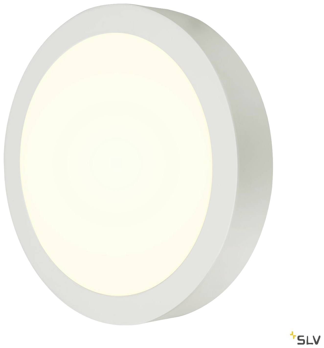 Runde, moderne LED-Leuchte mit weißem Rahmen, Seitenansicht. Geeignet für Decken- oder Wandmontage in Innenräumen.