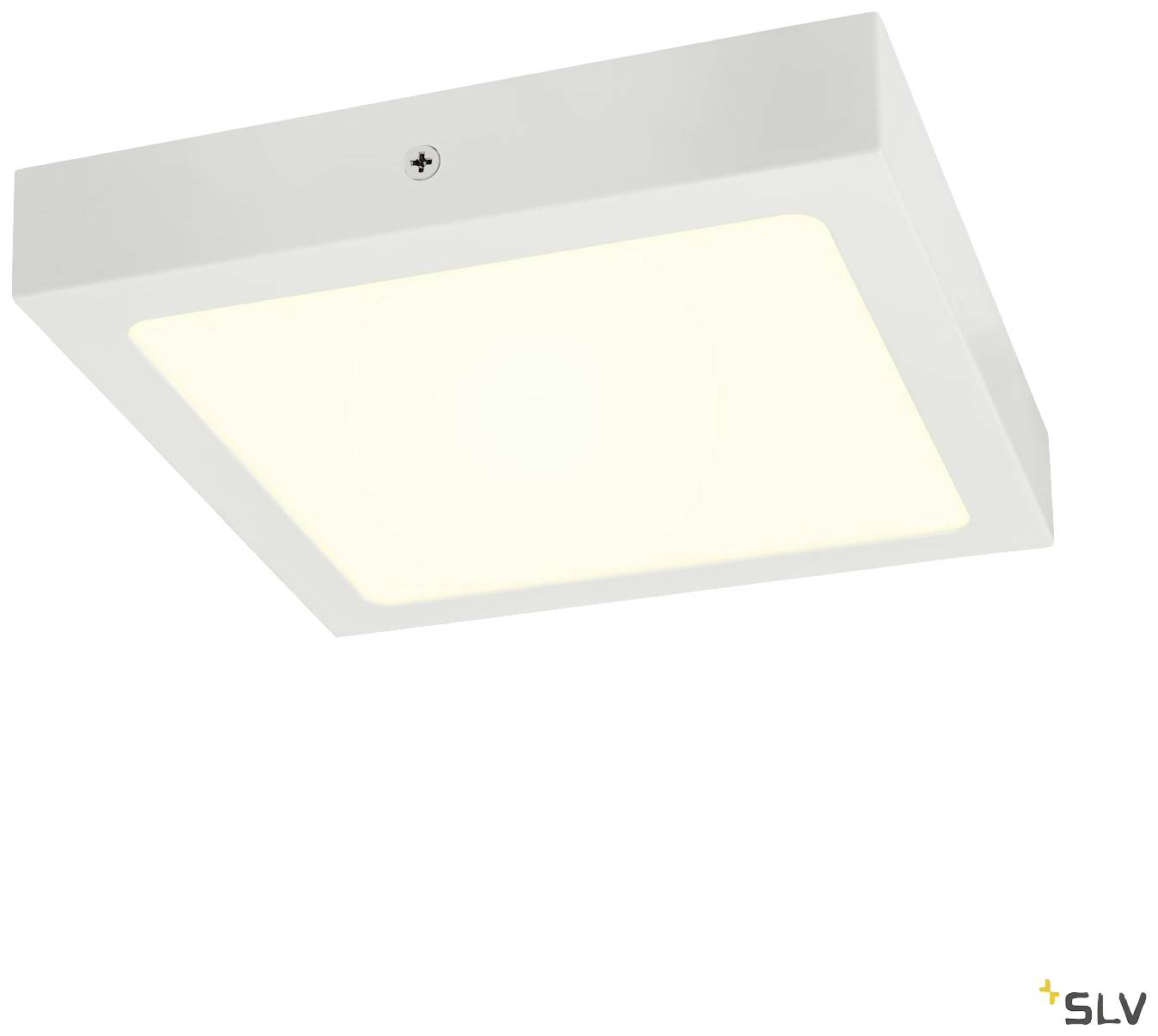 Quadratische LED-Deckenleuchte mit weißem Rahmen, leuchtet in warmweißem Licht. Geeignet für moderne Innenräume.