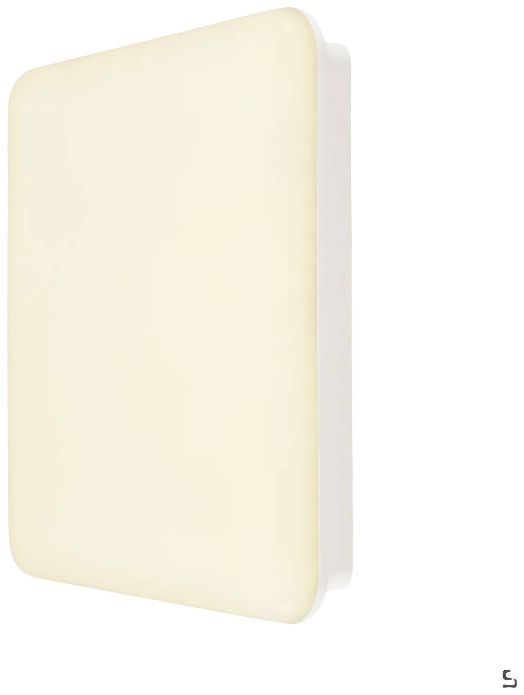 Eine rechteckige, abgerundete Lampe mit warmem Weißlicht. Sie ist an einer weißen Wand montiert und wirkt modern und minimalistisch.