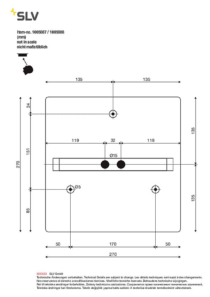 Technische Zeichnung einer Wandplatte mit genauen Abmessungen in Millimetern. Oben links das Logo von 'SLV'.