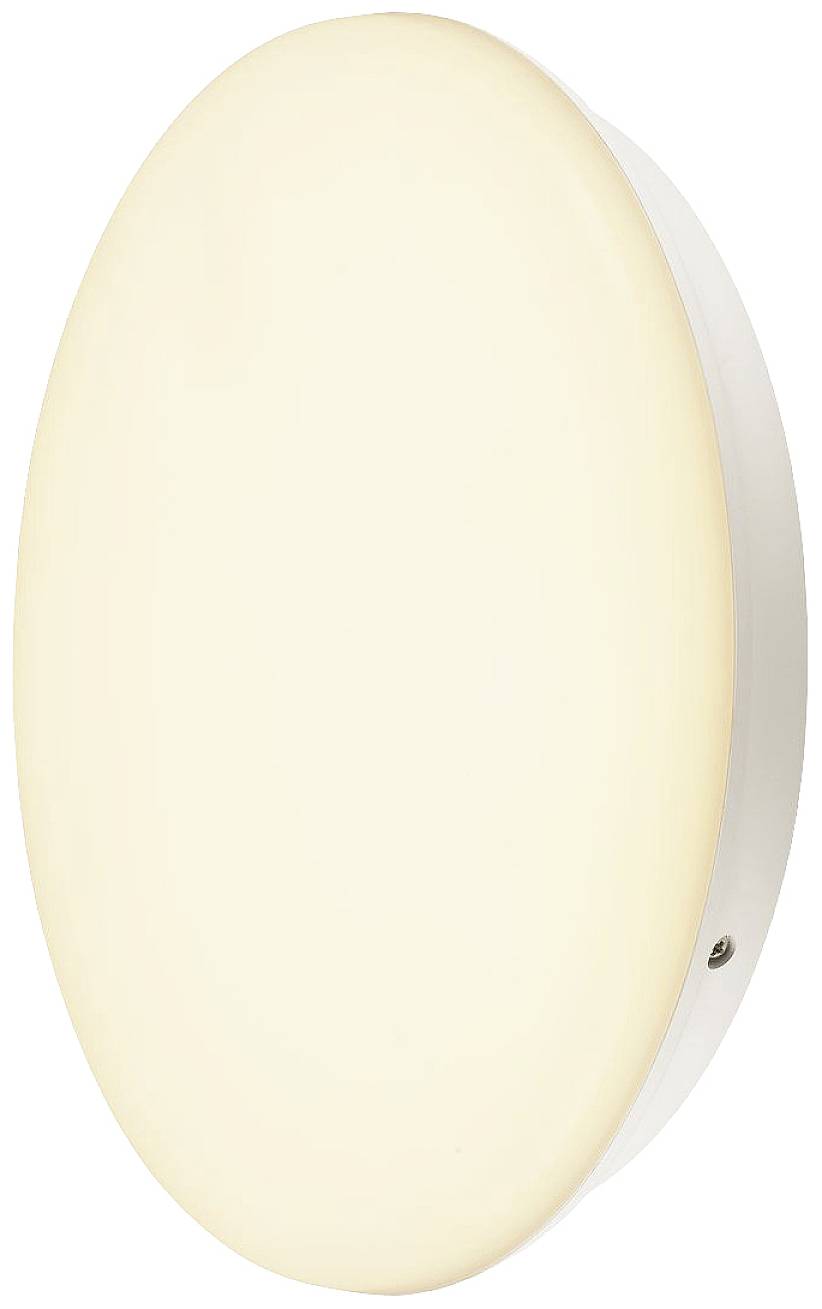 Runde, flache LED-Wandleuchte mit warmweißem Licht, seitlicher Betrachtungswinkel.