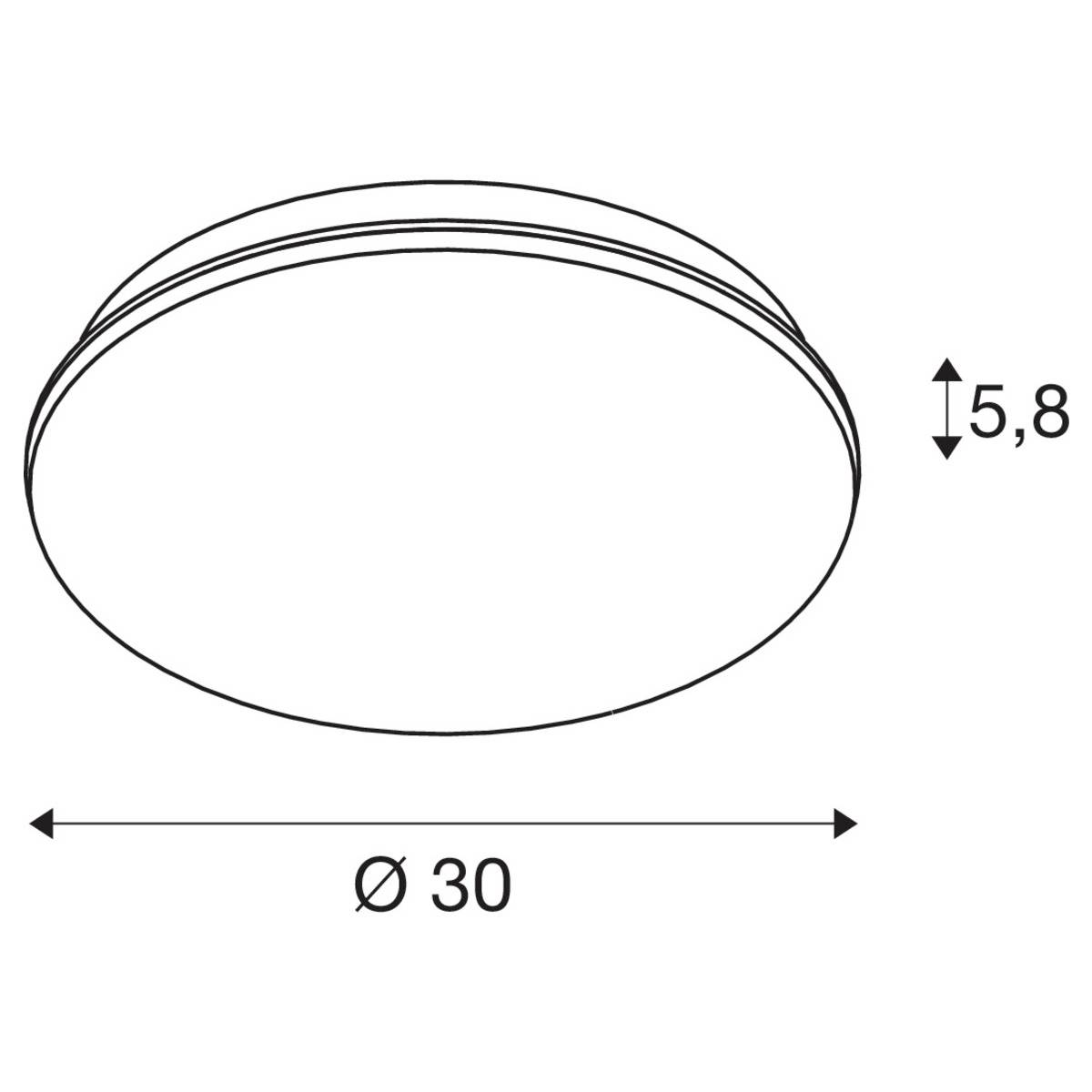 Eine schematische Zeichnung einer runden Lampe mit einem Durchmesser von 30 cm und einer Höhe von 5,8 cm.