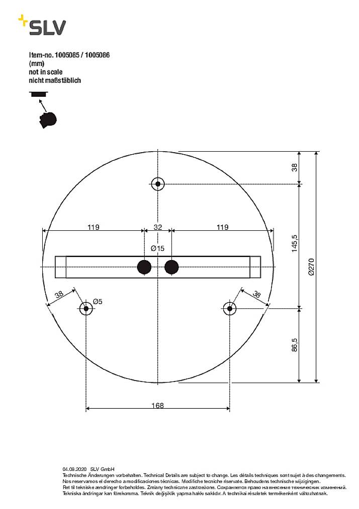 Zeichnung einer runden Deckenhalterung mit technischen Maßen. Durchmesser: 95mm, Montagemaße: 35mm, Befestigungslöcher und Kabelöffnung markiert.