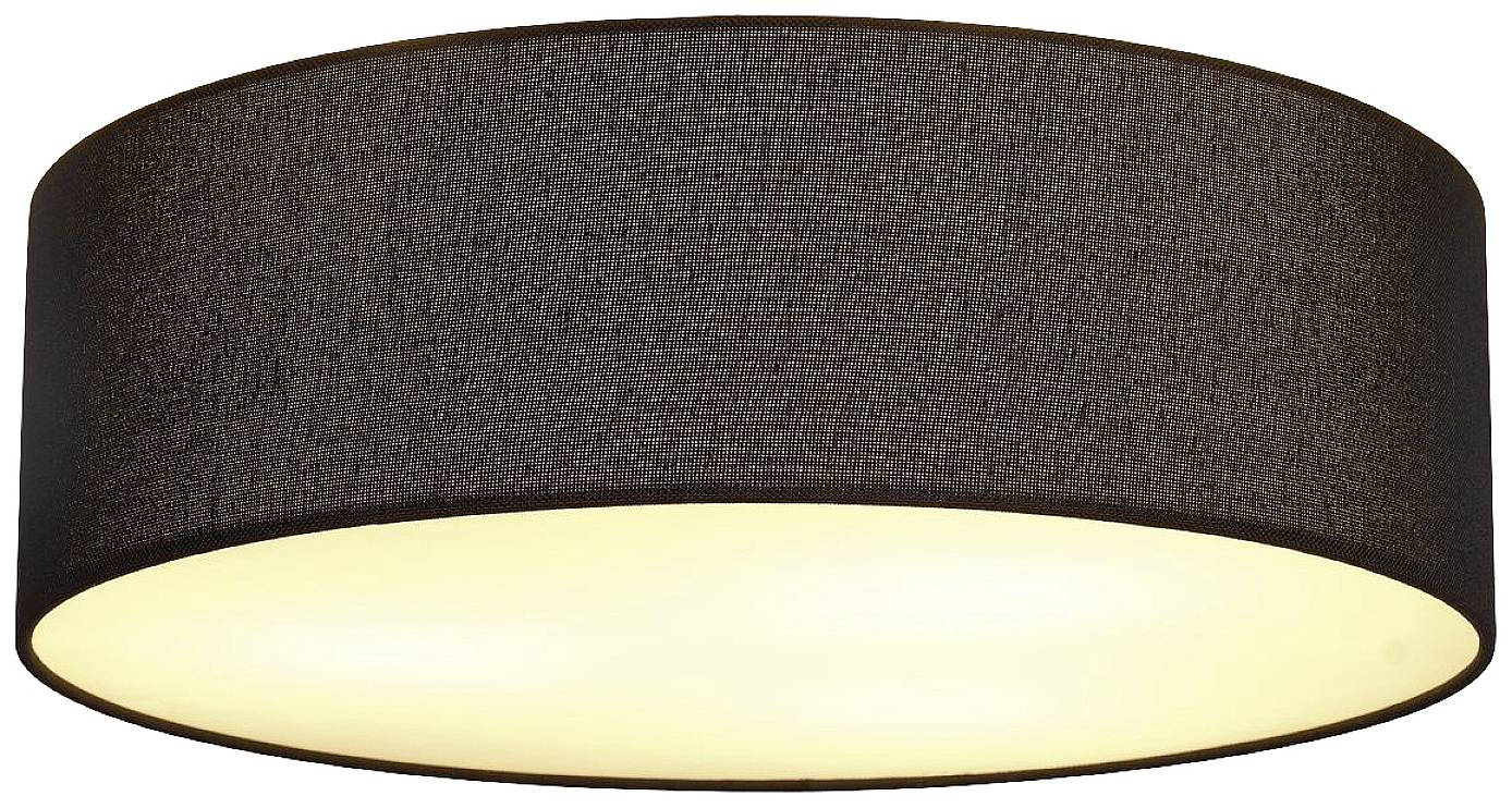 Eine runde Deckenleuchte mit einem schwarzen Stoffschirm und warmweißer Beleuchtung.