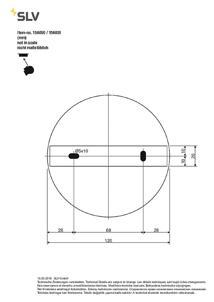 Technische Zeichnung einer runden Scheibe mit Befestigungslöchern. Maße angegeben: Ø5x10 mit Abständen von 26 und 68 mm.
