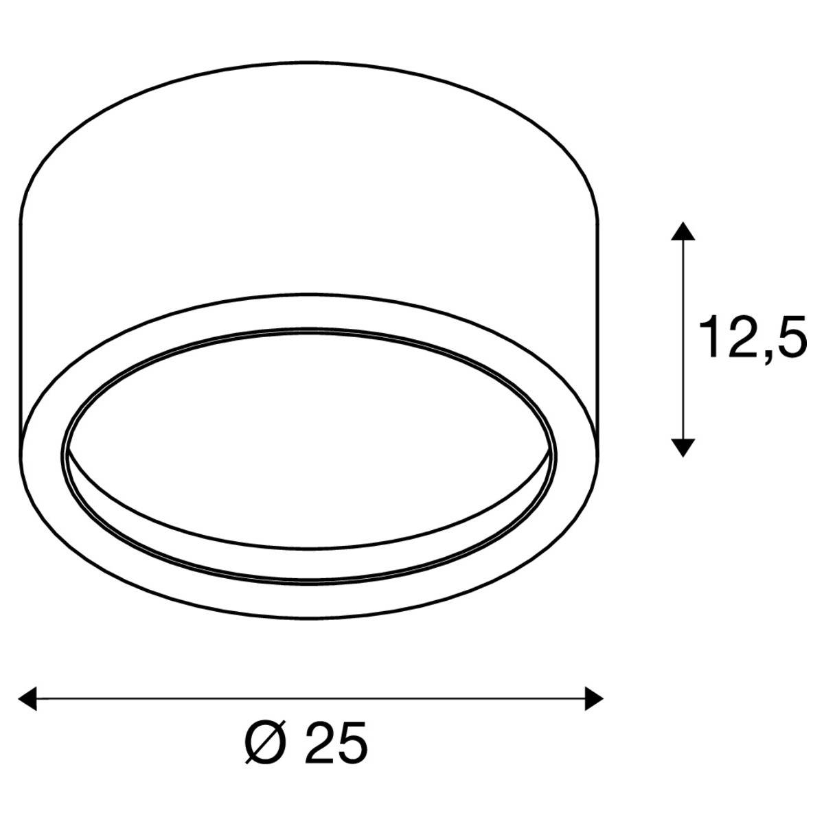 Technische Zeichnung eines zylindrischen Objekts mit den Maßen: Höhe 12,5 cm, Durchmesser 25 cm.