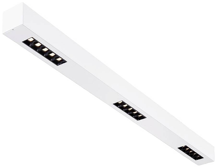 Eine längliche, weiße Deckenleuchte mit mehreren Lichtquellen in rechteckigen Aussparungen, geeignet für moderne Innenräume.