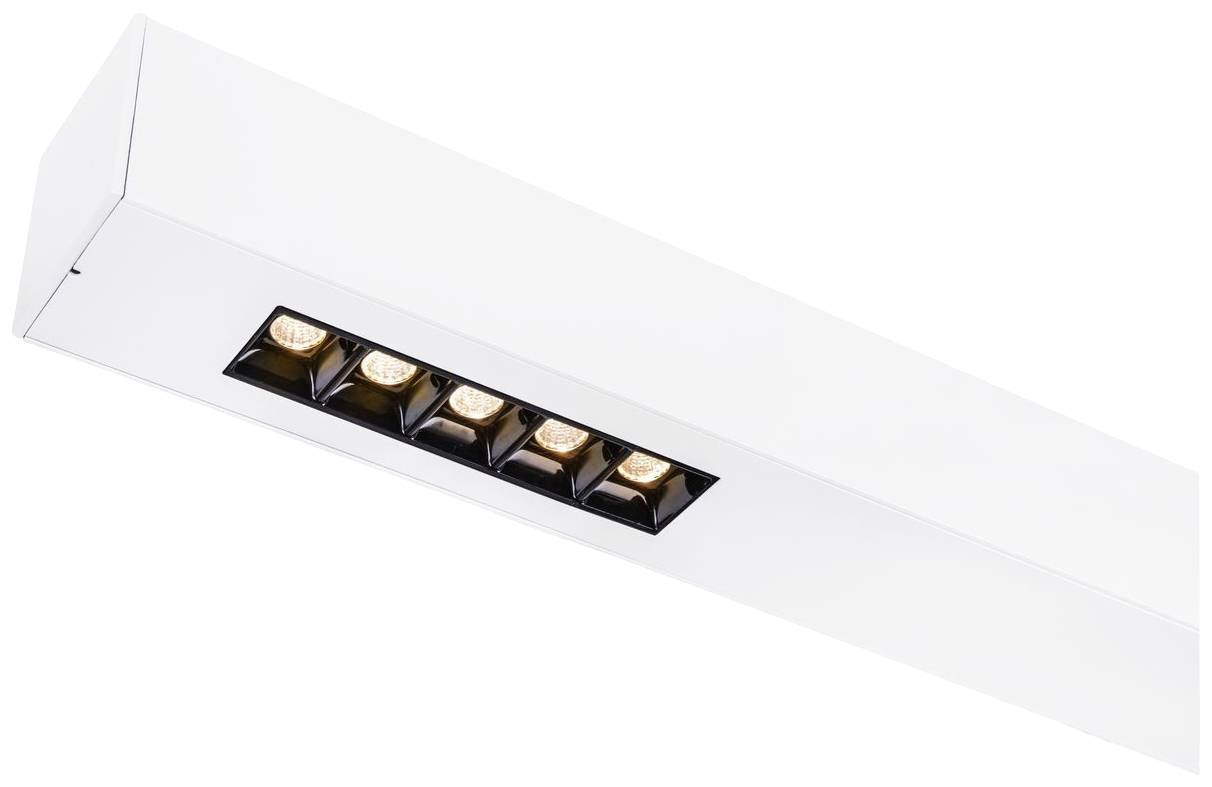 Weiße Deckenleuchte mit fünf integrierten LED-Spots, die in einer geraden Linie angeordnet sind. Modernes und minimalistisches Design.
