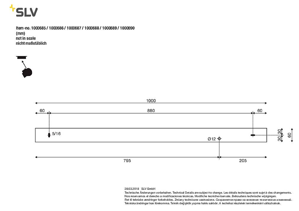 Technische Zeichnung einer Stange mit Maßen in Millimetern. Länge: 1000 mm, Breite: 16 mm, Befestigungspunkte bei 795 mm.
