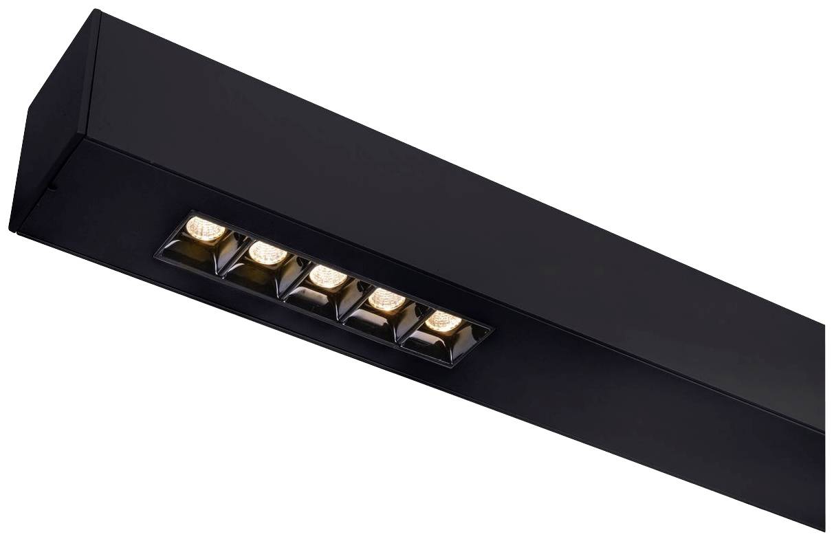 Ein schwarzes, modernes LED-Deckenlicht mit fünf Leuchten in einer geraden Linie.