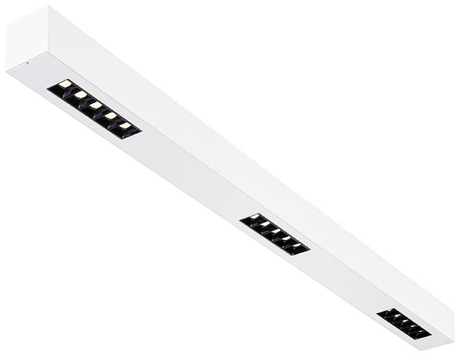 Langrechteckige weiße Deckenleuchte mit drei quadratischen, schwarzen Lichteinsätzen. Modernes Design für indirekte Beleuchtung.