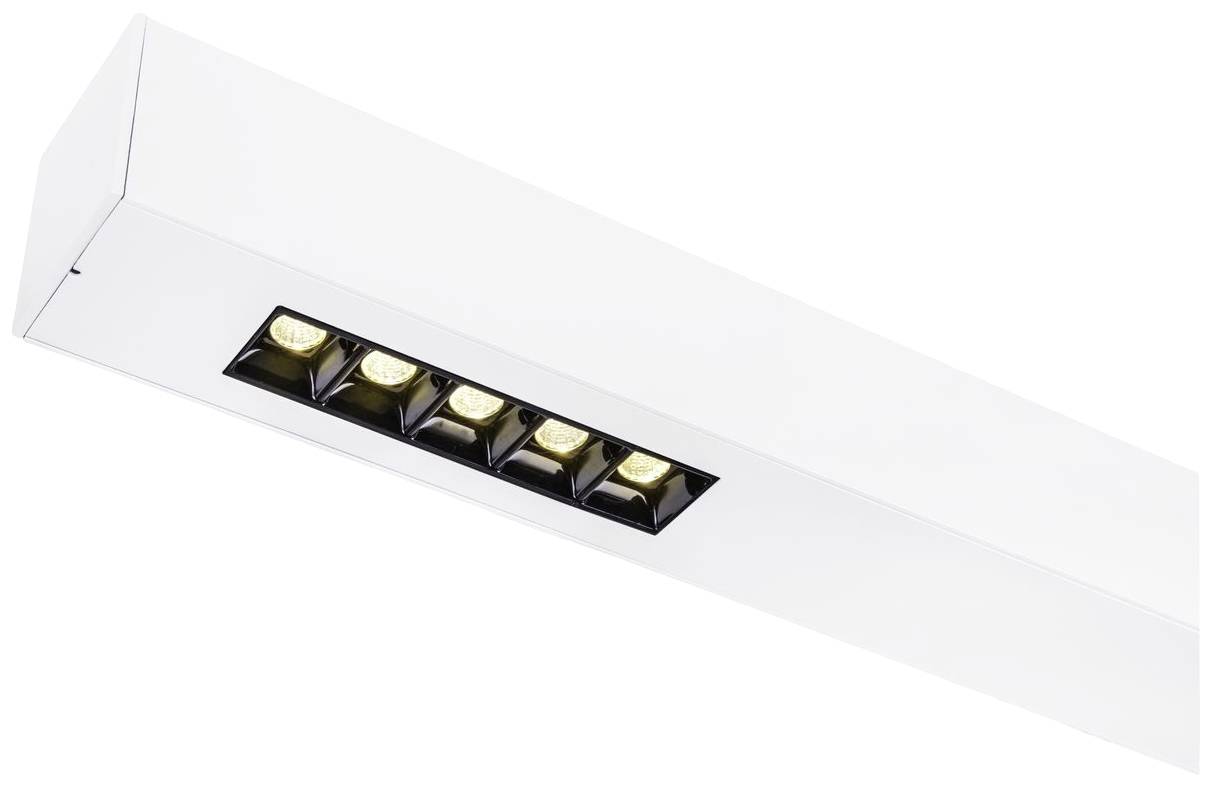 Weiße LED-Leuchte mit fünf sichtbaren Glühbirnen. Rechteckiges Gehäuse, modern und minimalistisch gestaltet.