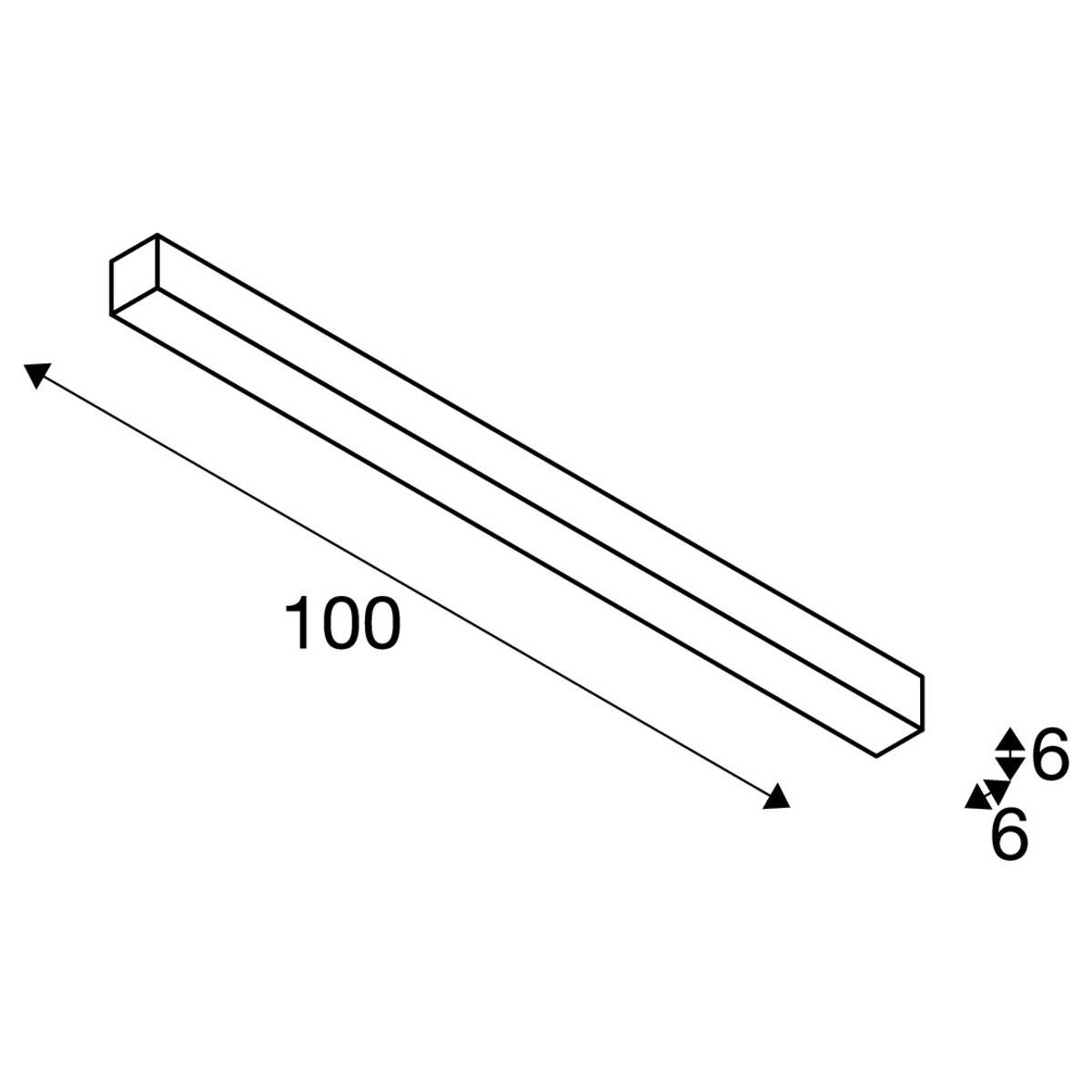 Isometrische Zeichnung eines rechteckigen Stabs mit den Maßen 100 x 6 x 6. Die Pfeile zeigen die Dimensionen an.