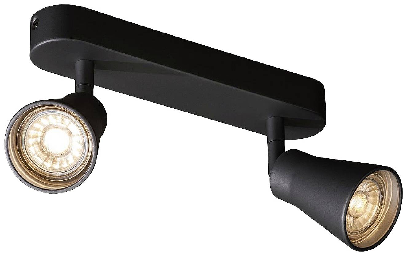 Schwarze Deckenleuchte mit zwei verstellbaren Spots, die warmes Licht ausstrahlen. Ideal für gezielte Beleuchtung in Räumen.