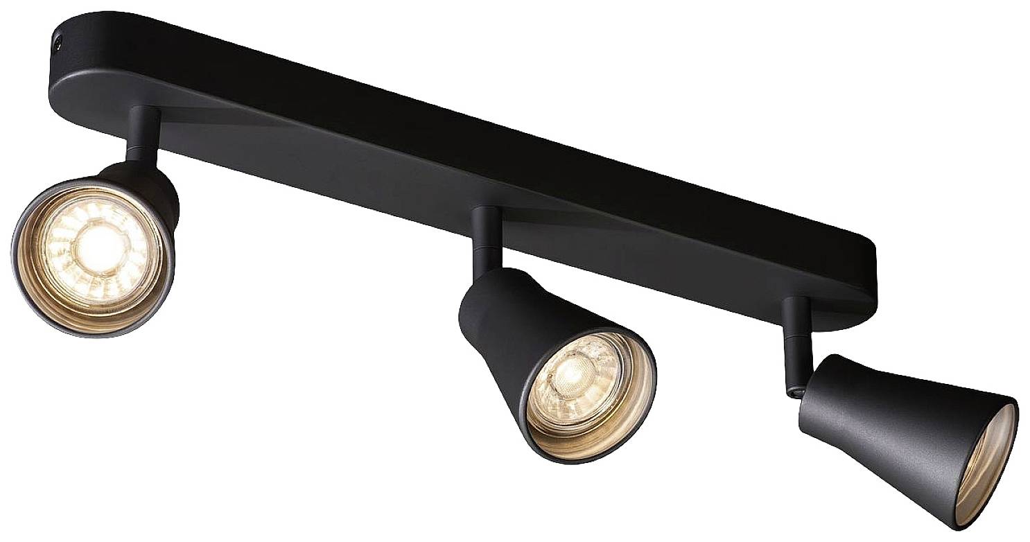 Schwarze dreiflammige Deckenleuchte mit verstellbaren Spots, die warmweißes Licht ausstrahlen. Ideal zur Akzentbeleuchtung.