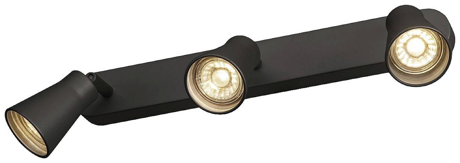 Eine schwarze Deckenleuchte mit drei verstellbaren Strahlern, die warmweißes Licht ausstrahlen. Ideal zur Akzentbeleuchtung.