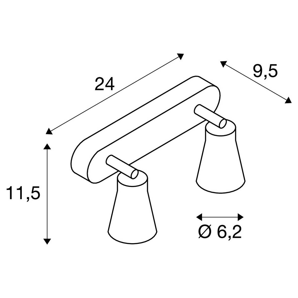 Abbildung einer Wandhalterung mit zwei Kegellichtern. Maße: Länge 24 cm, Höhe 11,5 cm, Breite 9,5 cm, Kegeldurchmesser 6,2 cm.
