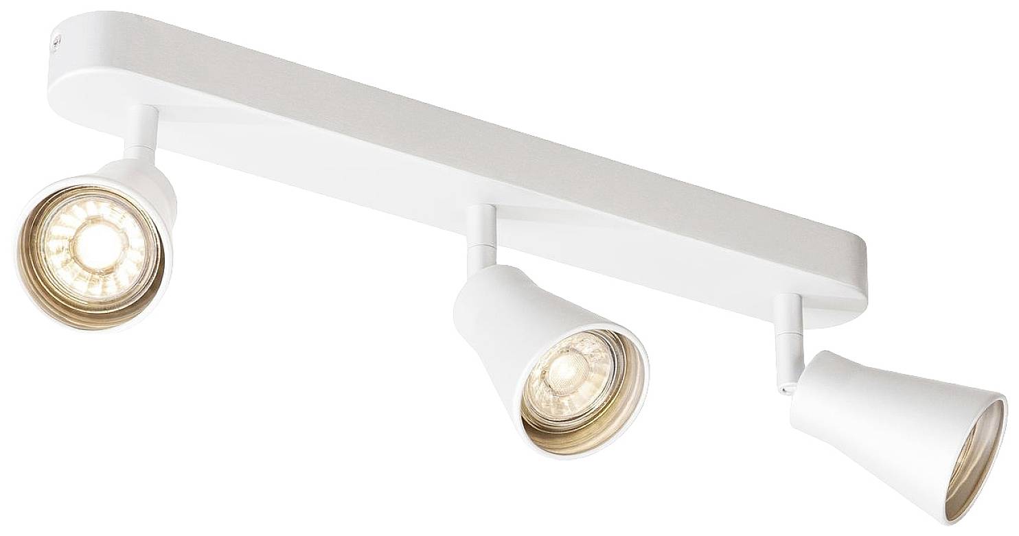 Weiße dreifache Deckenlampe mit verstellbaren Spots, montiert auf einer schmalen rechteckigen Basis.