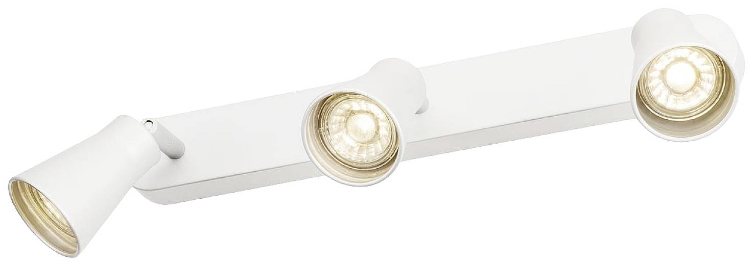 Weiße dreifache Deckenleuchte mit verstellbaren Köpfen, die zur gezielten Beleuchtung eingesetzt werden kann. Ideal für moderne Innenräume.