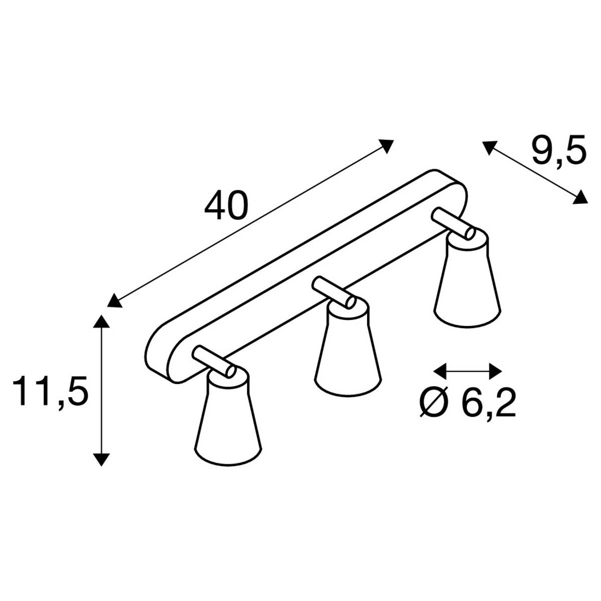 Eine dreiflammige Deckenleuchte mit den Maßen: Länge 40 cm, Breite 6,2 cm und Höhe 9,5 cm, zeigt Dimensionen und Ausrichtung.