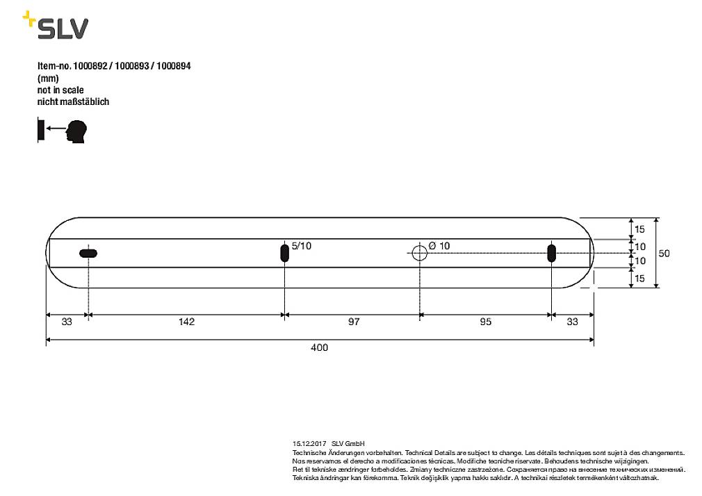 Diagramm eines länglichen, rechteckigen Montagesystems mit Maßen und Bohrlöchern. Zeigt die Anordnung der Befestigungspunkte.