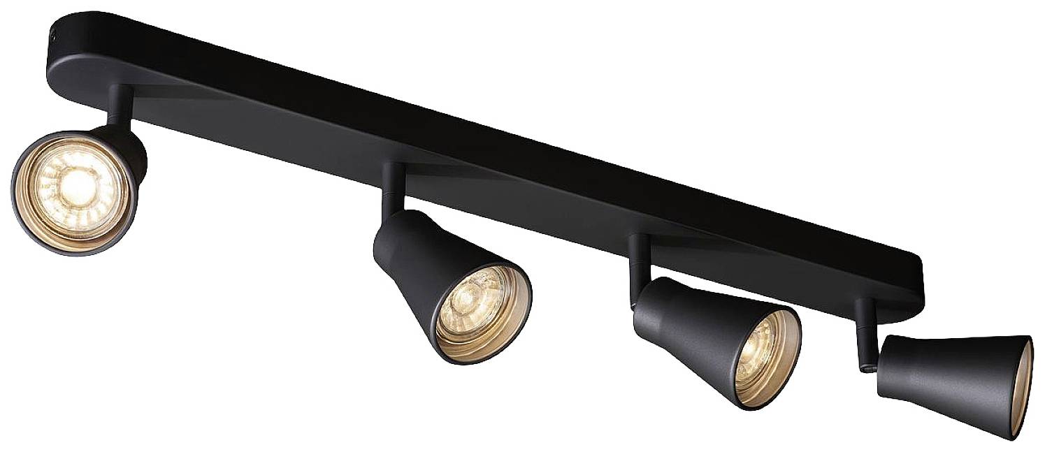 Schwarze Deckenleuchte mit vier verstellbaren Spotlights, die warmes Licht ausstrahlen. Geeignet für moderne Innenräume.