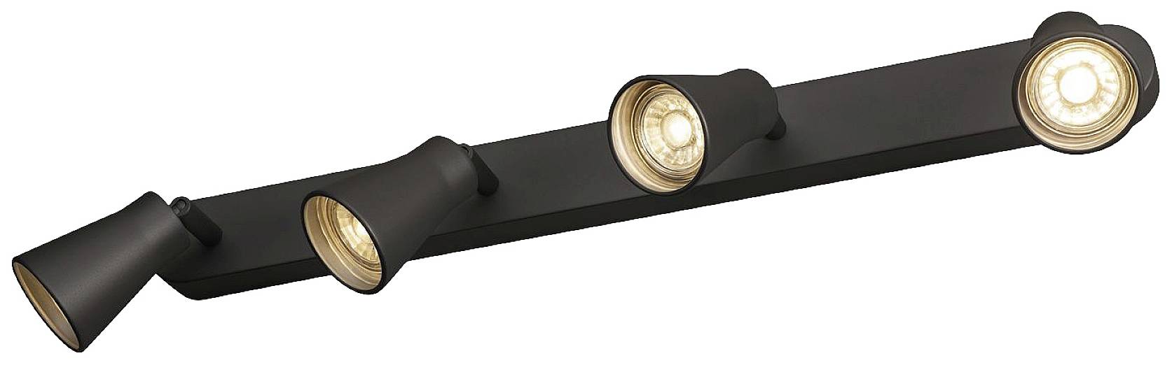 Schwarze Deckenleuchte mit vier verstellbaren Spots auf einer Linie, die warmes Licht ausstrahlen. Ideal zur gezielten Beleuchtung.